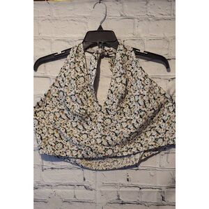 Abound Plus Size 3X Halter Top Black Floral Daisies Tie Neck Ruched Back NWT